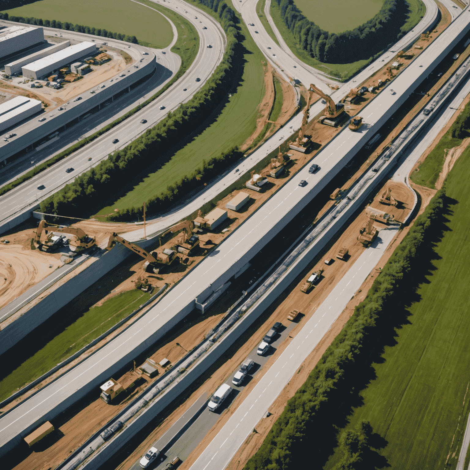 Aerial view of the Autobahn A7 expansion project, showing multiple lanes under construction with heavy machinery and workers