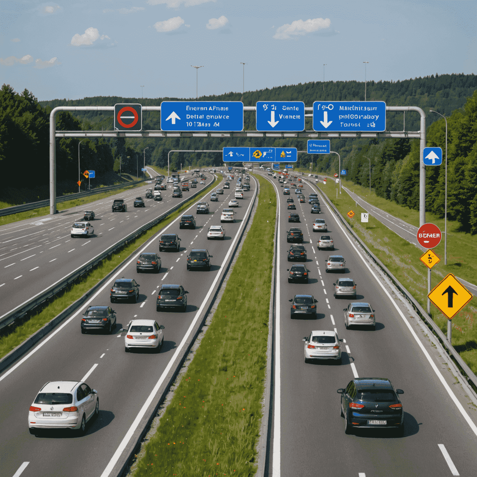 A German autobahn with cars and new traffic signs, symbolizing recent changes in vehicle regulations