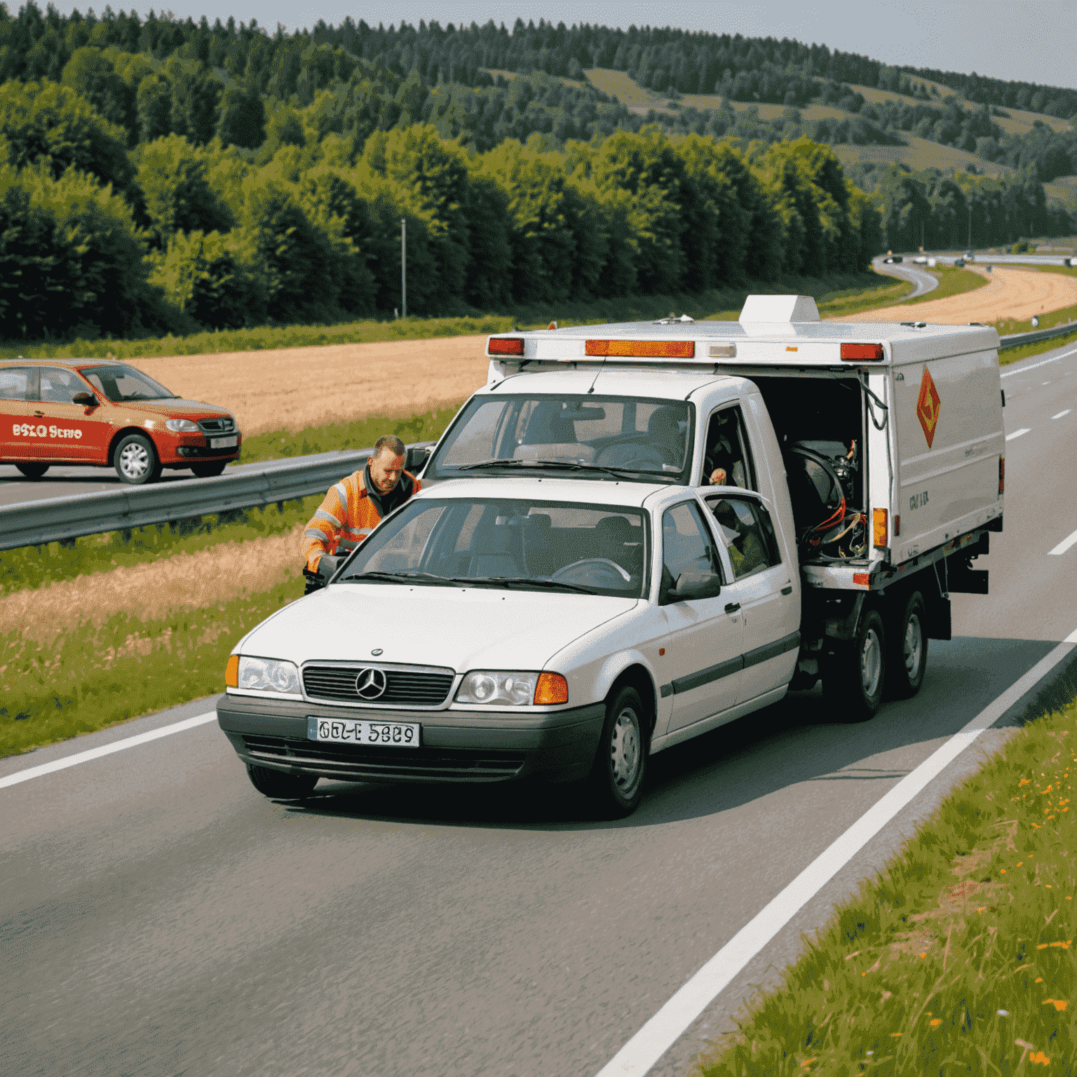 Ein Pannenhilfefahrzeug, das einem liegengebliebenen Auto auf einer deutschen Autobahn hilft. Das Bild zeigt die schnelle und professionelle Unterstützung bei Pannen.