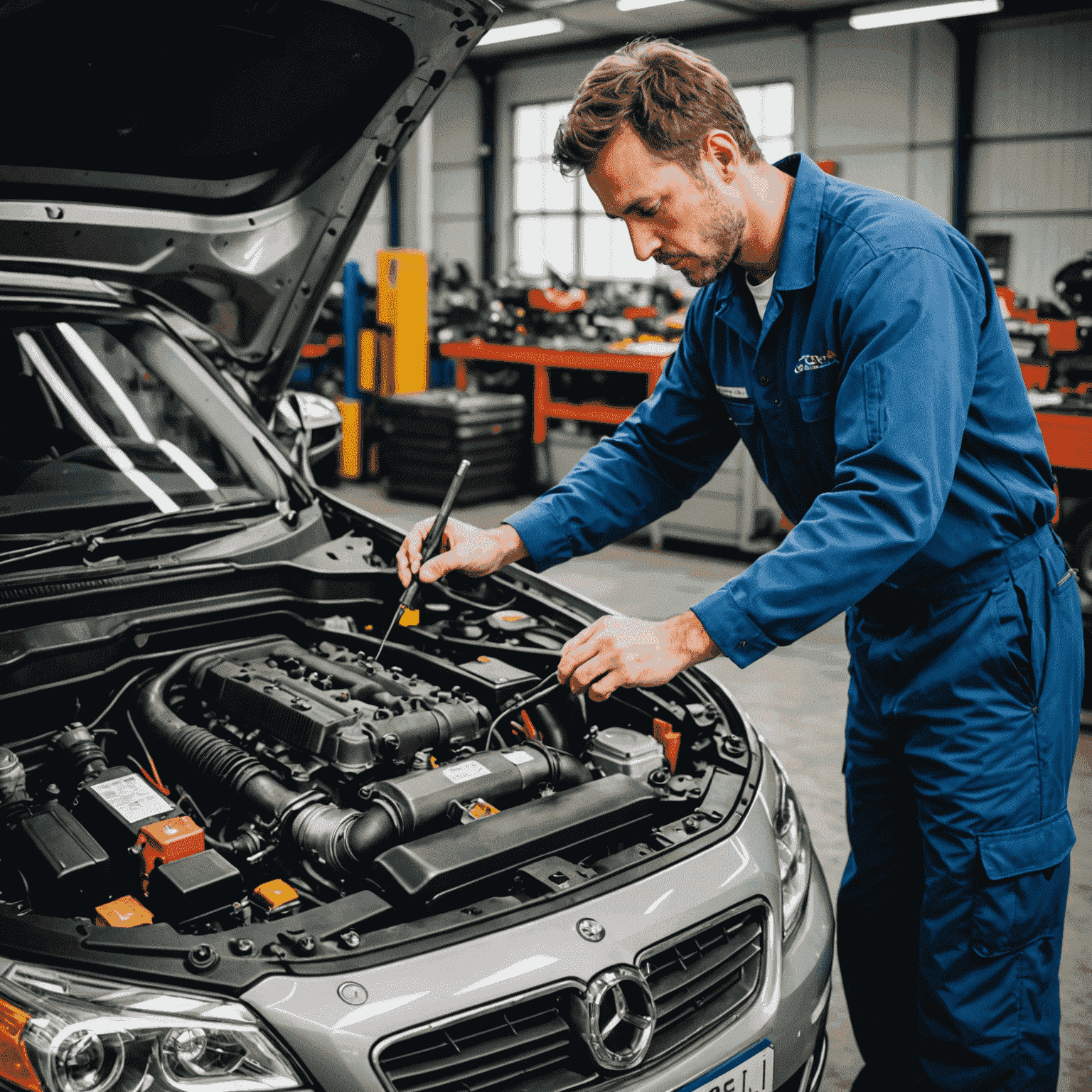 Ein Mechaniker führt eine gründliche Fahrzeuginspektion durch, überprüft den Motor und verschiedene Komponenten eines Autos in einer modernen Werkstatt