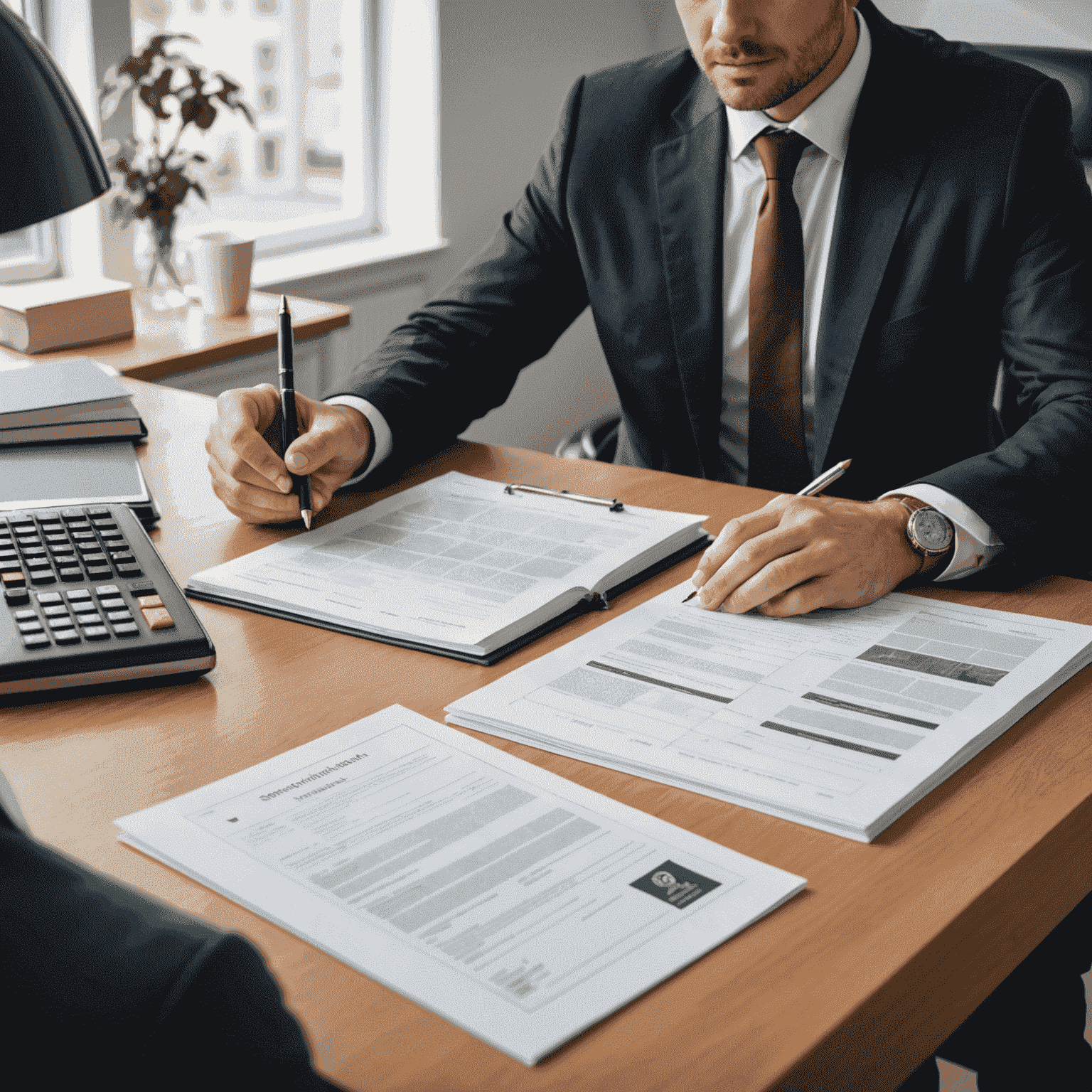 Professional legal consultant explaining German traffic laws to a client, with law books and traffic regulation documents visible on the desk