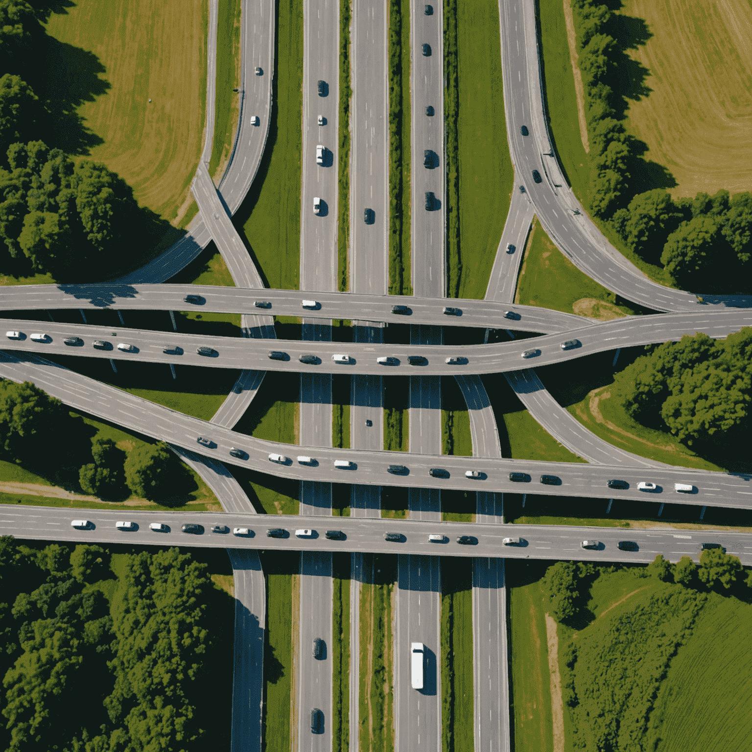 Aerial view of a German Autobahn with cars driving in orderly lanes, showcasing the efficiency and organization of German highways