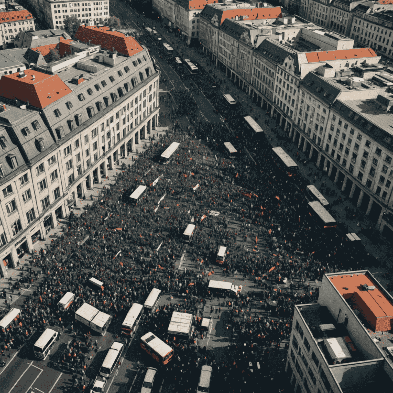 Luftaufnahme einer Großdemonstration in Berlin mit Menschenmassen und gesperrten Straßen