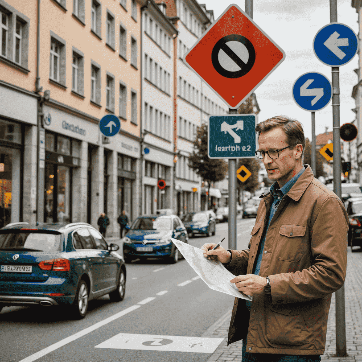 Ein Experte erklärt deutsche Verkehrsregeln anhand von Verkehrsschildern und einer Straßenkarte. Im Hintergrund ist ein typisches deutsches Straßenschild zu sehen.