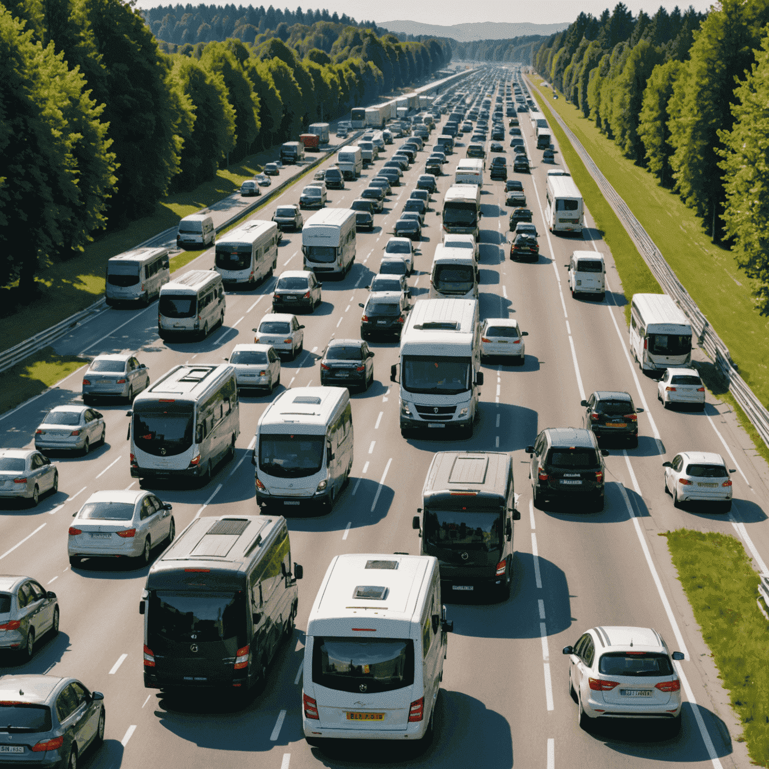 Dichter Verkehr auf der A8 mit vielen Autos und Wohnwagen in Richtung München